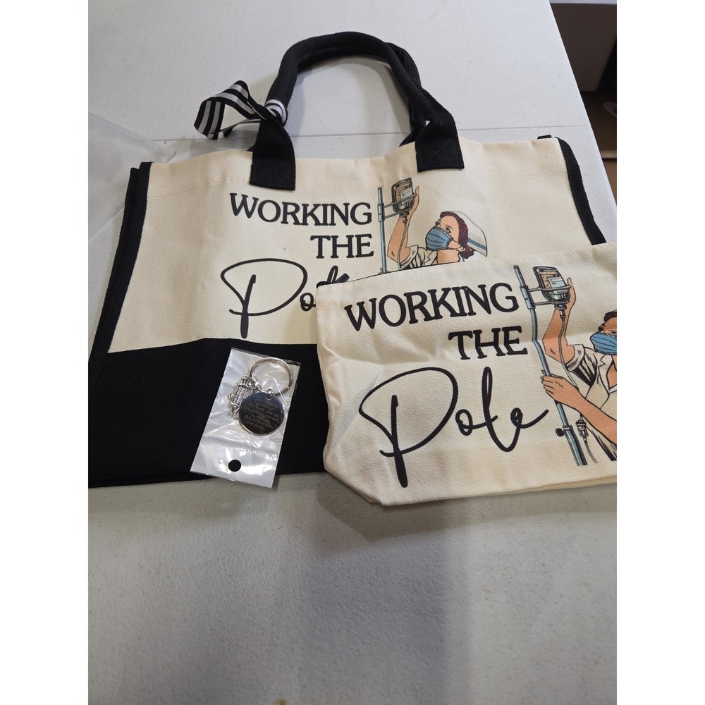 Nurse Gift Set 3 Pc Working The Pole Tote Bag Pouch Keychain Canvas New